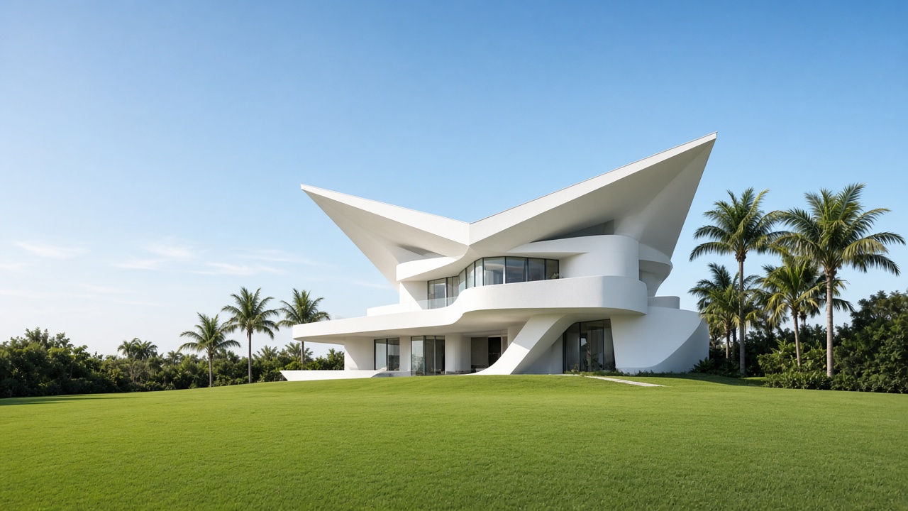 Villa blanca escultórica sobre un césped.