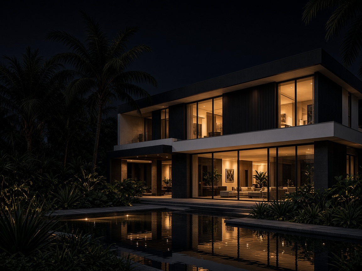 Fachada nocturna de una casa contemporánea.