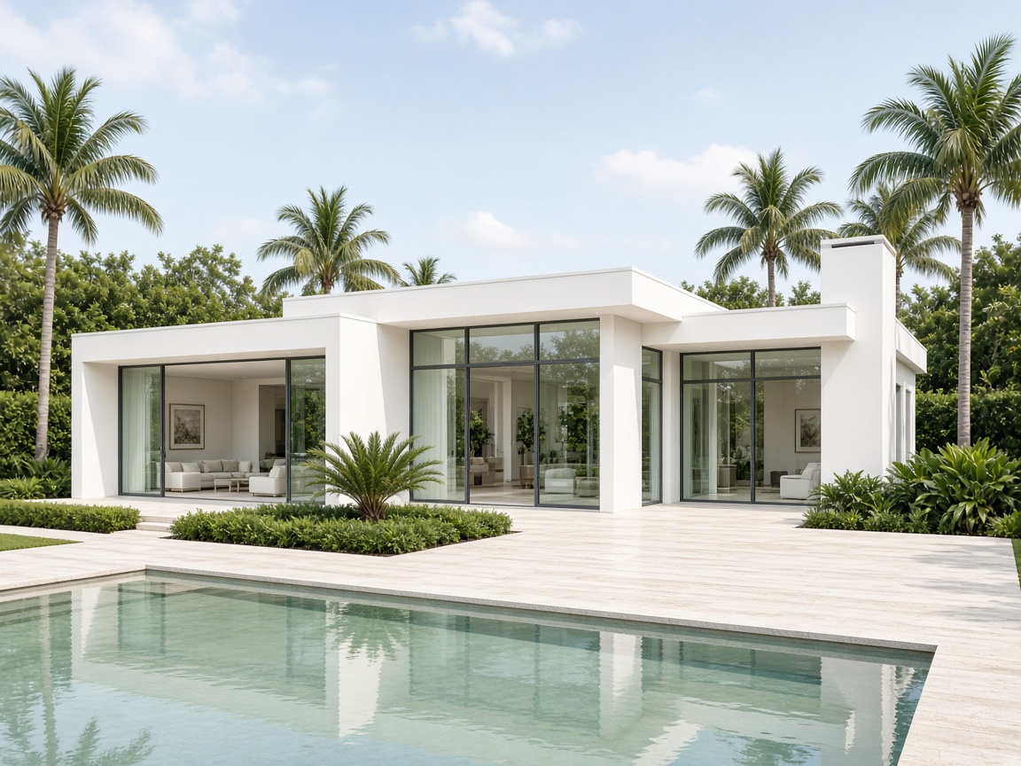 Villa contemporánea blanca con terraza y piscina.